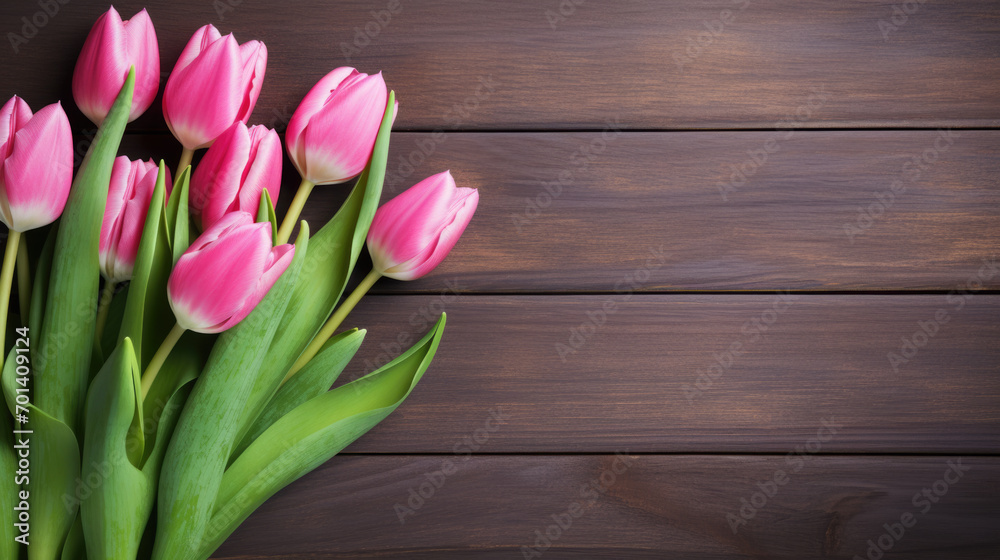 Vibrant pink tulips with green stems and leaves, lined up against a wooden background. Vibrant pink tulips with green stems and leaves, lined up against a wooden background.