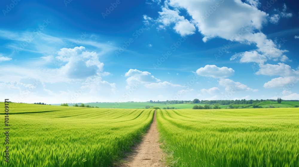 Fototapeta premium Serene rural landscape with a vibrant green wheat field under a clear blue sky with fluffy white clouds