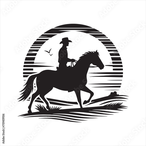 Shadowy Horseback Adventure: Equestrian Silhouette Dancing in Midnight Mystique - Man riding horse stock vector - Black vector horse riding Silhouette
