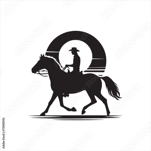 Moonlit Horseback Serenade: Silhouette of Equestrian Elegance under Night's Veil - Man riding horse stock vector - Black vector horse riding Silhouette
