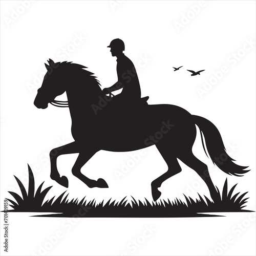 Celestial Equine Harmony: Silhouetted Rider and Horse in Night's Ebon Embrace - Man riding horse stock vector - Black vector horse riding Silhouette
