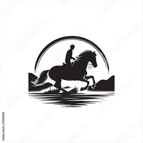 Equestrian Silhouette: Rider and Horse in the Mystical Night Ride - Man riding horse stock vector - Black vector horse riding Silhouette
