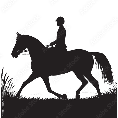 Midnight Equestrian Adventure: Noble Horse Silhouette in Celestial Shadows - Black vector horse riding Silhouette - Man riding horse stock vector
