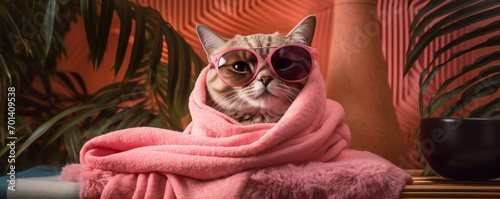 A detail of cute cat wearing on the pink towel.