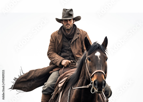 Cowboy riding a horse on white background. Generative AI