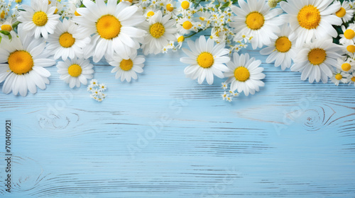 Floral arrangement of white daisies and yellow flowers scattered on a vibrant blue wooden background © MP Studio