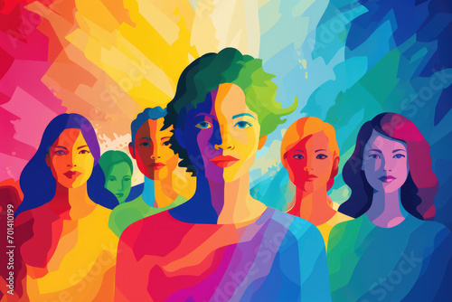 Colorful abstract art of diverse women's faces, Greeting card for International Women's Day.Publications that discuss gender studies, art, or sociology.