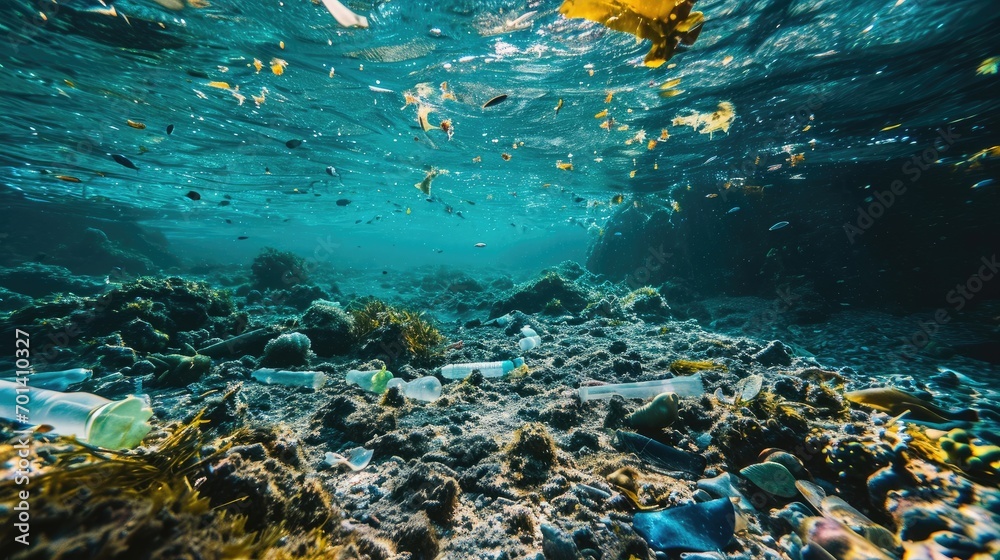 Plastic waste under the seabed. Plastic pollution in the ocean. Trash in the ocean. Environmental and recycling concepts Plastic waste under the seabed. Plastic pollution in the ocean. Trash in the ocean. Environmental and recycling concepts