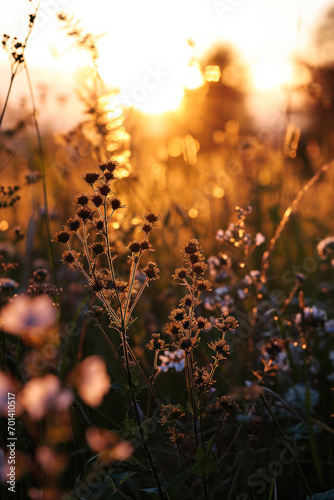 The landscape of wildflower blooms in a field, grassy meadow is blurred