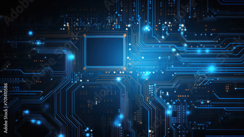 Advanced Technology Concept Visualization: Circuit Board CPU Processor Microchip Starting Artificial Intelligence Digitalization of Neural Networking and Cloud Computing. Digital Lines Move Data. photo