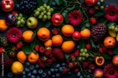 "Identify the assortment of fruits and flowers in the garden."