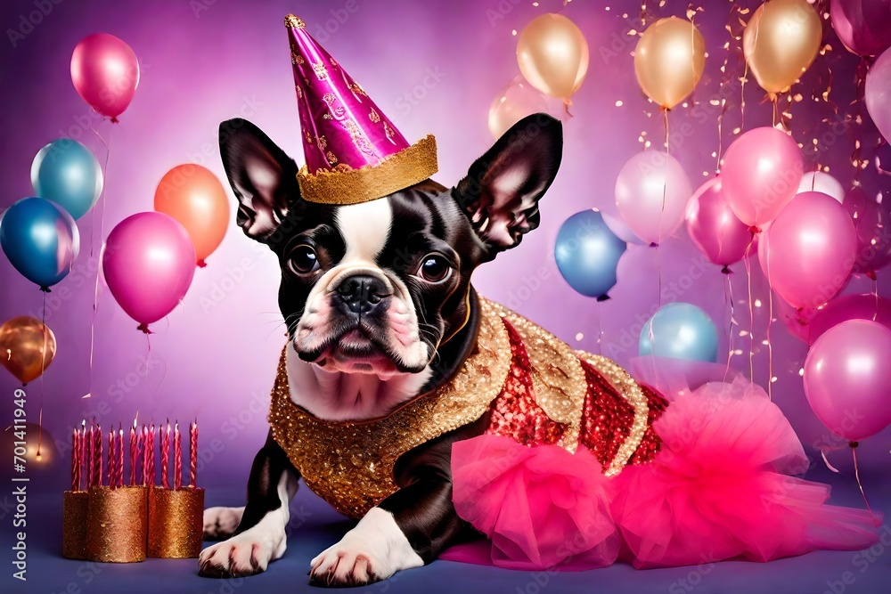 inventive idea for an animal. Isolated on a vivid background, a commercial featuring a Boston Terrier puppy dressed in opulent couture costumes with ample copy space. birthday celebration invitation 
