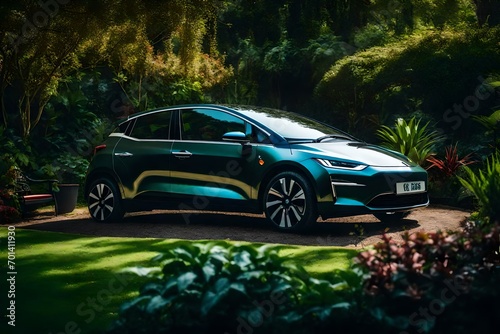 "Electric car parked in a serene garden setting"