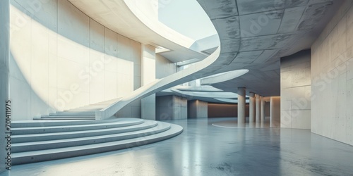Empty abstract architectural building characterized by minimal concrete design open floor plan with a central courtyard, and curved walls, creating a museum plaza with ample space for wide displays. photo