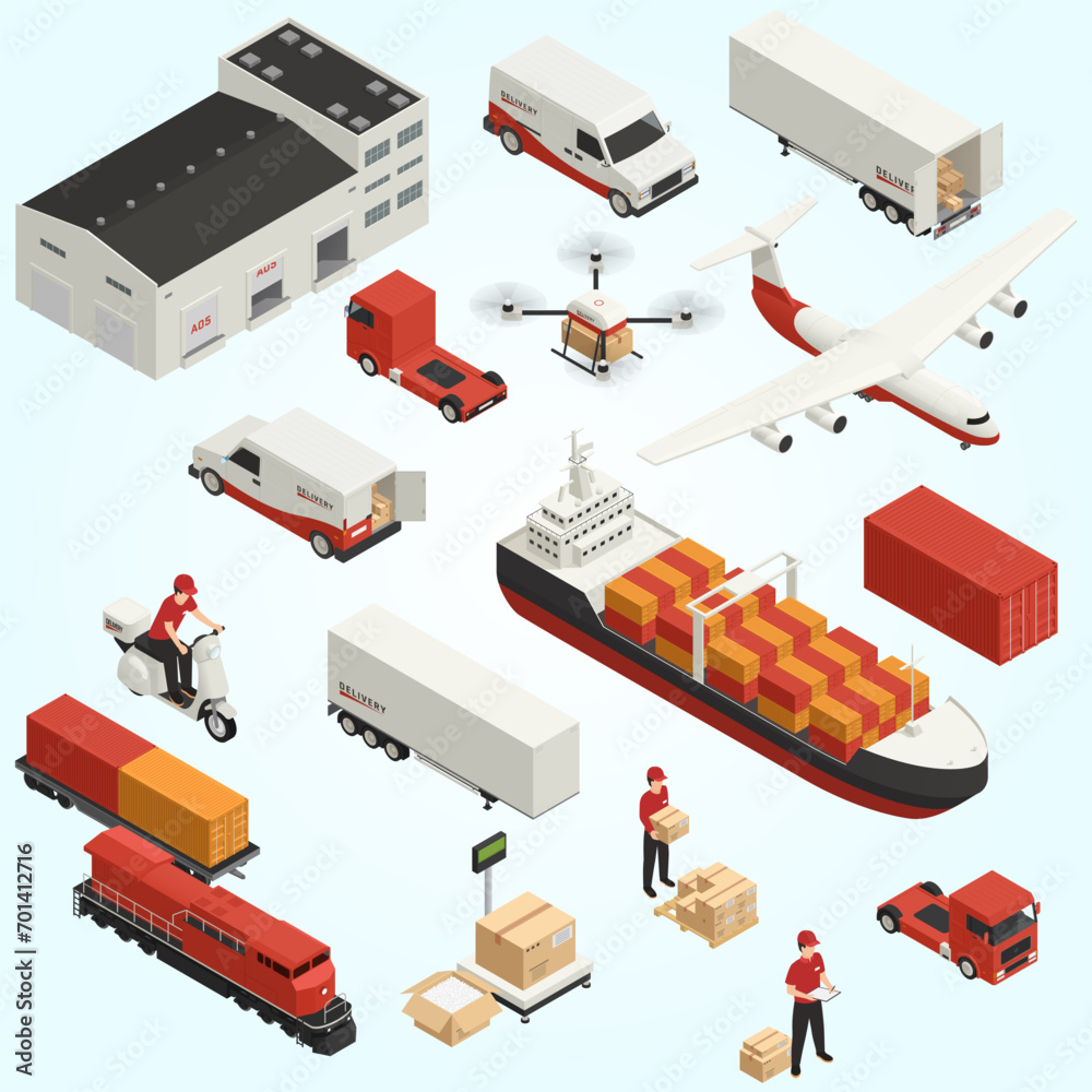 cargo transportation isometric icons logistic delivery by various vehicles drone technology - obrazy, fototapety, plakaty 
