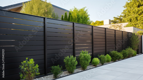 Modern metal fence for fencing the yard area. Horizontal sections of the fence made of metal