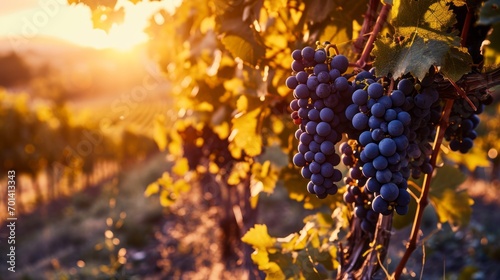 Black Grapes on Vineyards Background at a Winery on Sunset