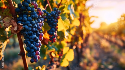Black Grapes on Vineyards Background at a Winery on Sunset photo
