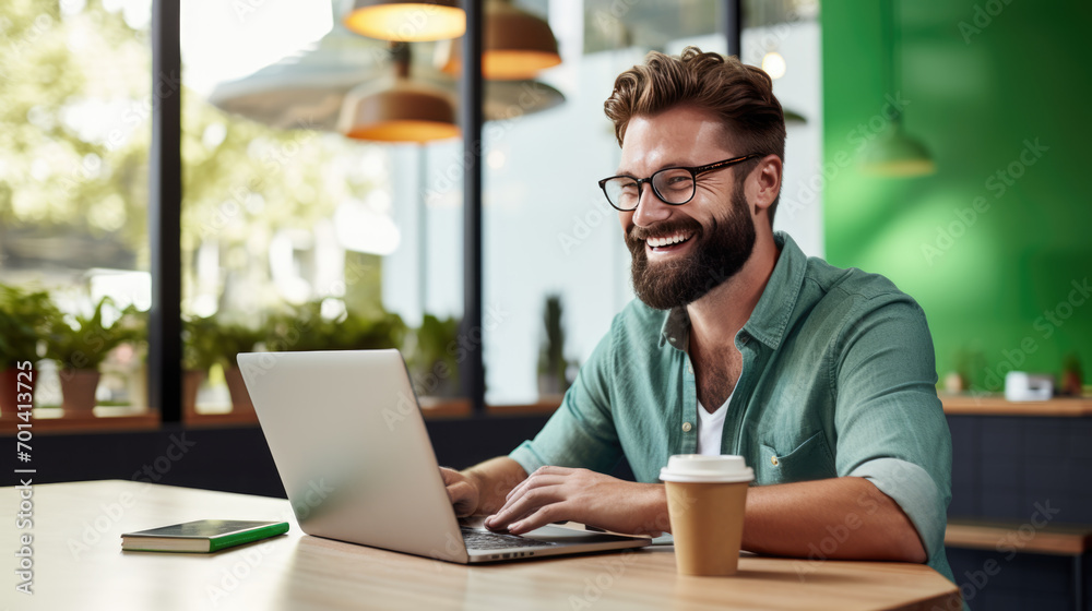 Cheerful man with a beard and glasses working on a laptop at a wooden desk Cheerful man with a beard and glasses working on a laptop at a wooden desk