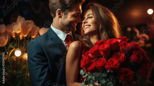 Elegantly dressed couple sharing an intimate moment, with the a large bouquet of red roses