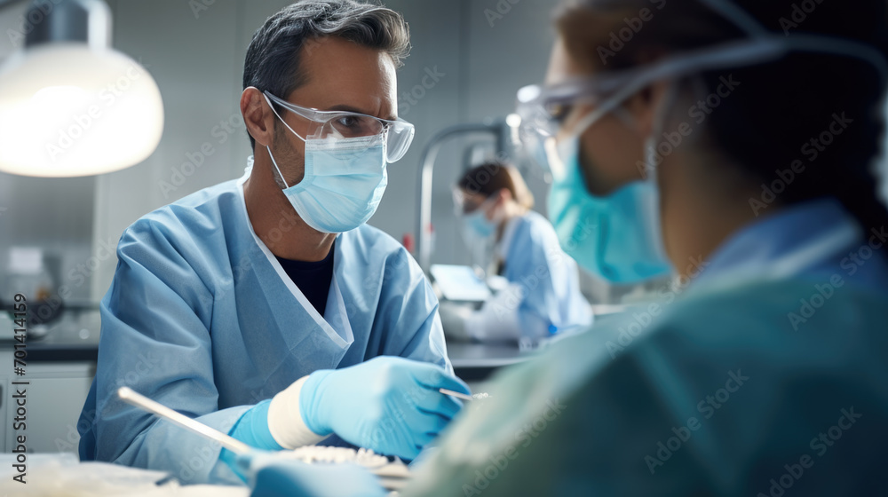 Surgeon or dentist wearing blue scrubs, a surgical mask, goggles, and a hair cap, holding instruments, preparing for a procedure in a clinical setting with bright lighting.