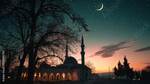 Beautiful mosque under the crescent shaped moon at night in ramadhan, Ramadhan kareem at night