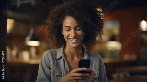 Cheerful woman wearing a blue denim shirt  looking at her smartphone with a bright smile on her face.