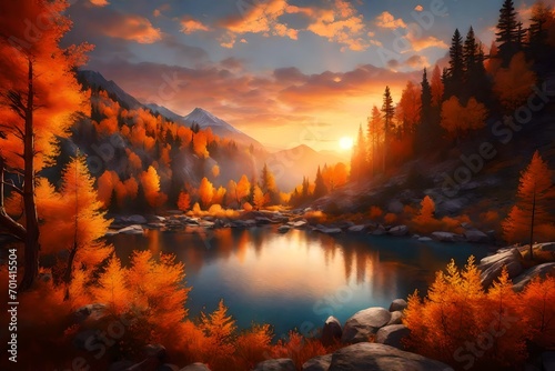 As dawn breaks over the Autumn mountains, envision a surreal scene where the amber sunlight caresses every leaf,