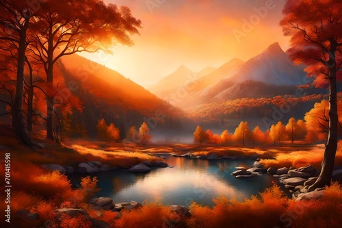 As dawn breaks over the Autumn mountains, envision a surreal scene where the amber sunlight caresses every leaf, © Muhammad