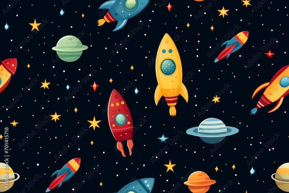 Spaceship, space, planets, elements seamless pattern graphic. Illustration for design of children's rooms, textiles, holidays, wallpapers, backgrounds. Spaceship, space, planets, elements seamless pattern graphic. Illustration for design of children's rooms, textiles, holidays, wallpapers, backgrounds.