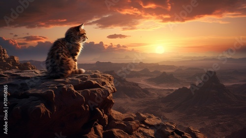 An adventurous cat perched on a rocky cliff, overlooking a vast, untouched desert landscape, with dunes stretching to the horizon.