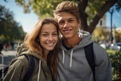 Smiling Young Couple Enjoying a Sunny Day Outdoors 