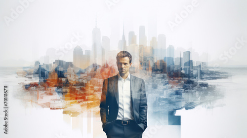 A contemplative businessman stands overlaid on a bustling cityscape, embodying the fusion of individual ambition with urban progress photo
