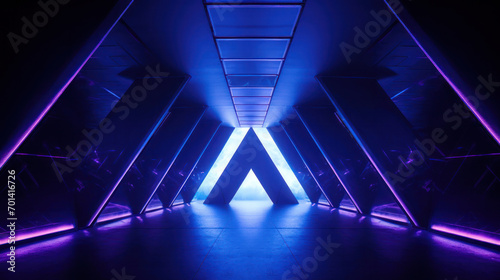 A futuristic corridor illuminated with vibrant blue and purple lights creates a portal-like vision, invoking a sense of entering into another dimension.