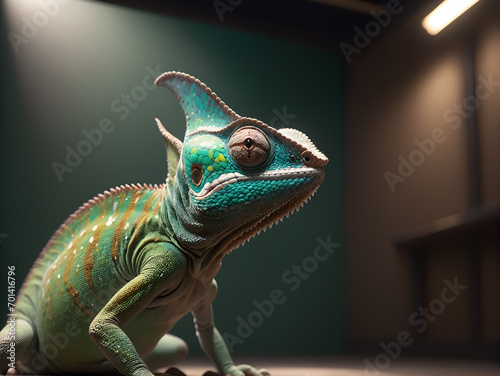 Green colored chameleon close up. Generative AI