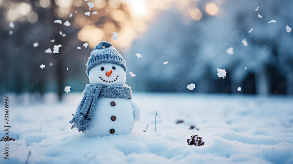 Obraz premium Adorable Snowman in a Frosty Landscape with Falling Snowflakes