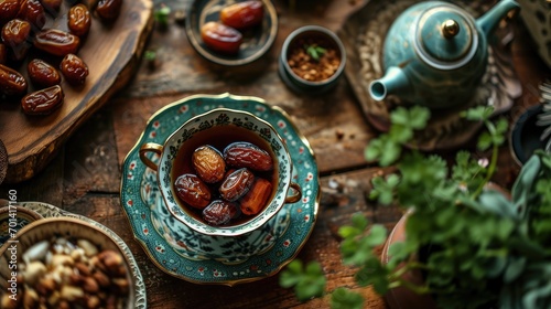 Dates fruits in the cup on the table, dates fruit drink view from top, ramadhan food