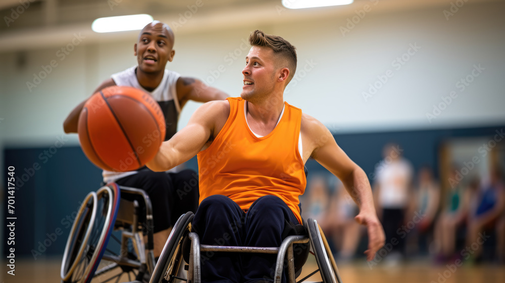 Male wheelchair basketball players in action on an court Male wheelchair basketball players in action on an court