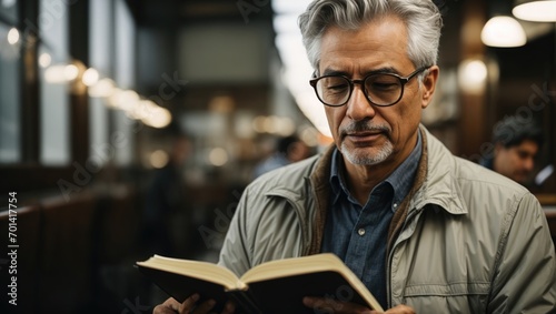Senior man reading a book while sitting in a coffee shop. He is wearing glasses and a coat