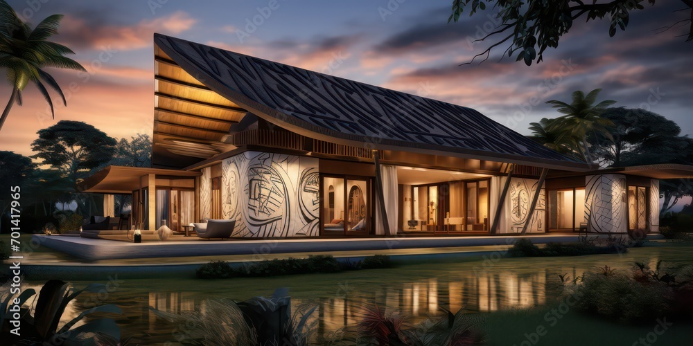 Fototapeta premium This resort and a central social area, complete with a pool, terraces, and meandering pathways through the garden. Surrounded by breathtaking forests and offering stunning mountain vistas.