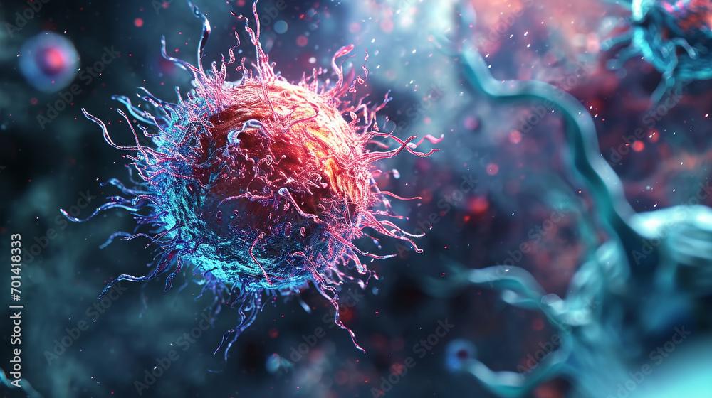 Immune cell, nucleus animation style, biology. Natural colors and shades. - obrazy, fototapety, plakaty 