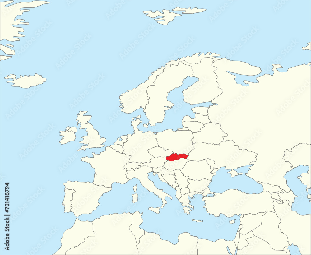 Fototapeta premium Red CMYK national map of SLOVAKIA inside simplified beige blank political map of European continent on blue background using Winkel Tripel projection