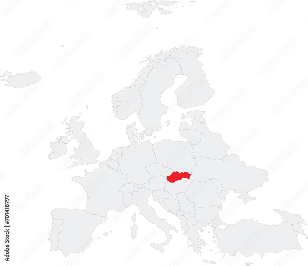 Red CMYK national map of SLOVAKIA inside gray blank political map of European continent on transparent background using Robinson projection
