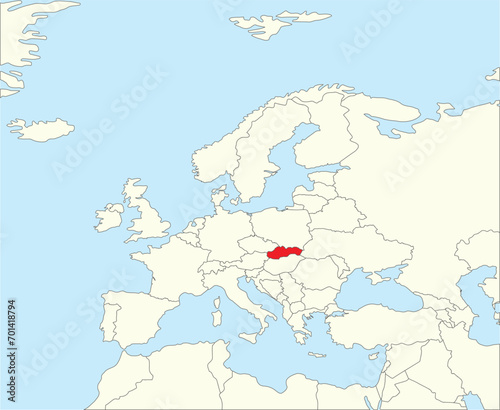 Red CMYK national map of SLOVAKIA inside simplified beige blank political map of European continent on blue background using Winkel Tripel projection