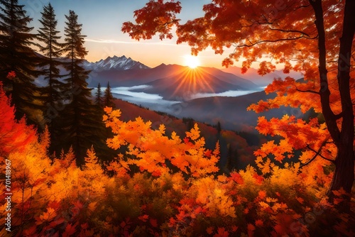 Picture a breathtaking Autumn sunrise, where the mountains stand as stoic guardians against the morning sky.