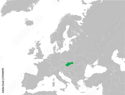 Green CMYK national map of SLOVAKIA inside detailed gray blank political map of European continent with lakes on transparent background using Mercator projection