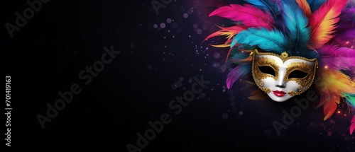 Multicolored carnival mask banner with space for text. Carnival party banner, invitation card. Brazilian carnival banner. background with vibrant Brazilian carnival banner template. © John Martin