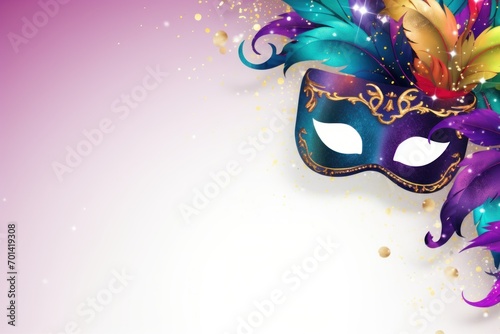 Multicolored carnival mask banner with space for text. Carnival party banner, invitation card. Brazilian carnival banner. background with vibrant Brazilian carnival banner template.