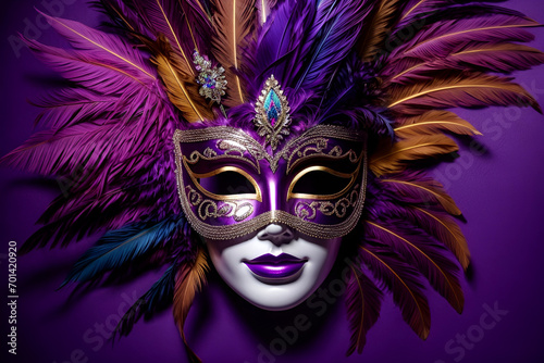 a carnival mask with feathers on a purple background © KushbulaDesignMax
