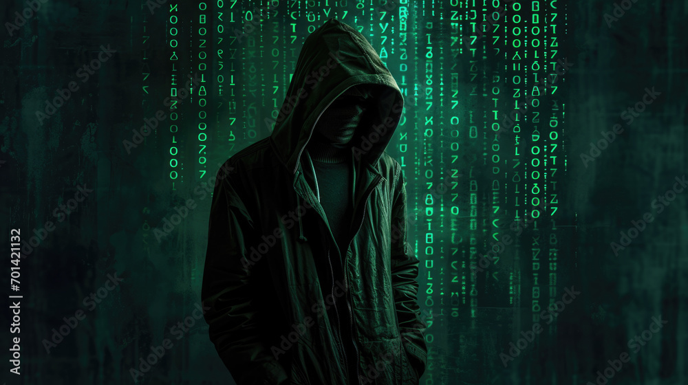 Shadowy figure in a hooded jacket standing against a backdrop of digital data code Shadowy figure in a hooded jacket standing against a backdrop of digital data code
